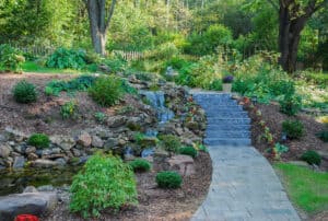 Water Feature Waterfall with Stone Stairs and Walkway